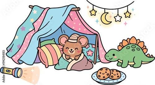 Cute smiling mouse in pajamas inside colorful blanket fort with stuffed dinosaur cookie plate and stars moon light