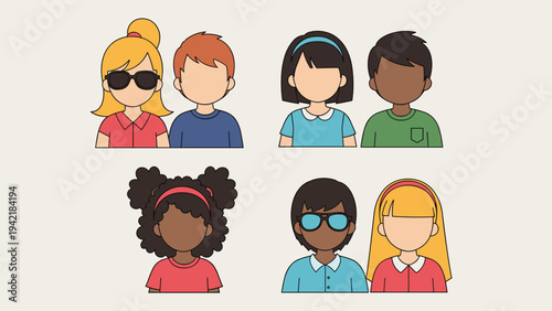 Group of diverse people presented as couples with various hair colors and styles wearing different shirts and sunglasses.