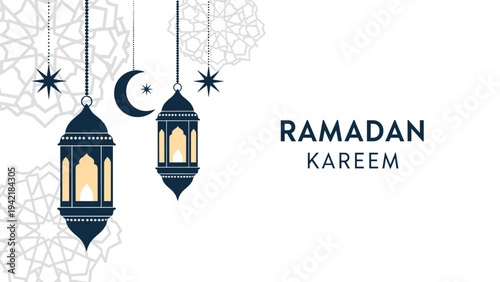 Elegant Ramadan Kareem greeting features hanging traditional lanterns and crescent moon stars against decorative background patterns.