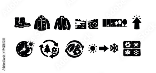 Climate change solid icon set. Weather, environmental conservation symbols collection