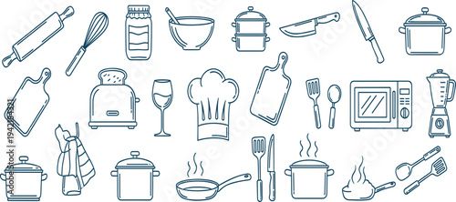 Kitchen Utensils and Cooking Equipment Outline Icon Set with Chef Hat Pot Pan Knife Microwave Blender and Bakeware Vector Illustration