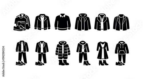 Fashion apparel silhouette icon set. Clothing, outerwear, footwear silhouette collection