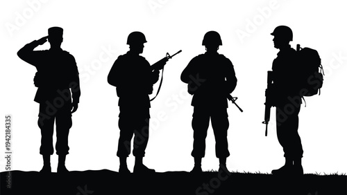 Black silhouettes of four military soldiers standing in various gear and poses including saluting and holding rifles against white sky.