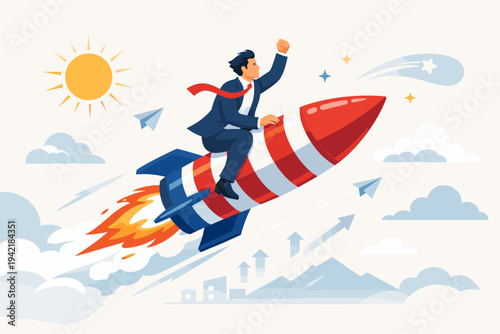 Businessman Riding a Rocket to Success, Symbolizing Rapid Business Growth, Startup Innovation, Career Advancement, and Fast Speed Development in a Flat Vector Illustration Style with Clouds.