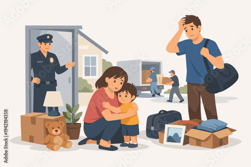 Stressed Young Family Being Evicted from Their House Due to Foreclosure, Sad Parents and Child with Belongings in Boxes, Police Officer and Movers in Background, Financial Crisis Concept Vector