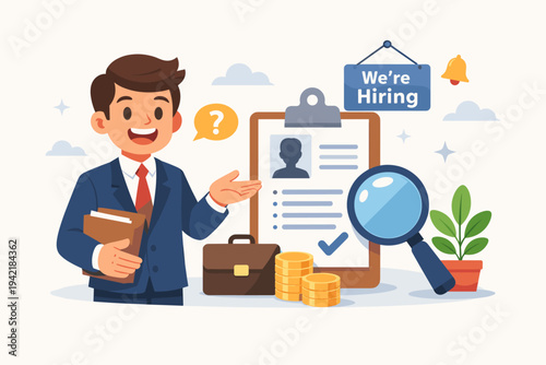 Cartoon Businessman Employer Offering Job Vacancy and Recruitment Concept with Resume Clipboard, Magnifying Glass, and We're Hiring Sign. Professional HR Manager Searching for New Employees.
