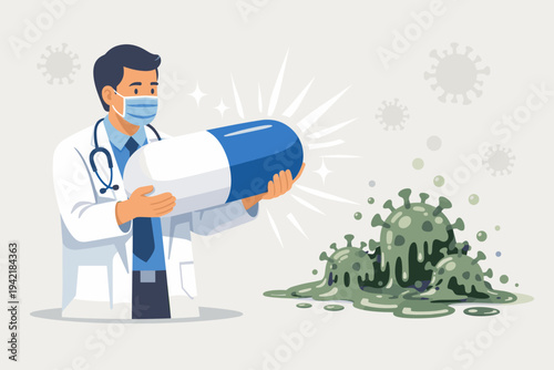 Doctor Holding Giant Medicine Capsule Pill to Destroy Coronavirus COVID-19 Virus Cells, Medical Professional Wearing Face Mask and Lab Coat Fighting Pandemic with Effective Drug Treatment Vector