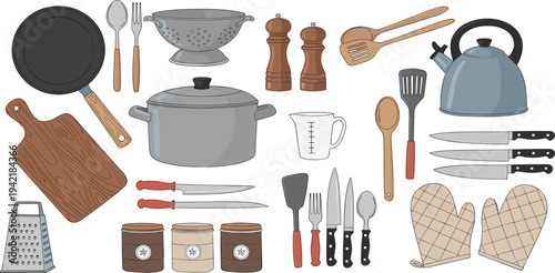 Kitchen Utensils and Cooking Tools Vector Set with Pots, Pans, Knives, Cutting Board, Kettle, Spatula, Colander and Baking Accessories Illustration