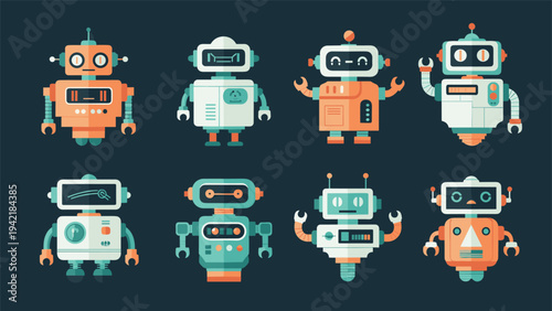 Collection of eight unique robot characters in various colors and designs shown on dark blue background in pixel art style.