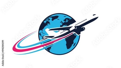 Illustration of a modern jet airplane flying in circular path around blue earth globe symbolizes global travel and transportation.