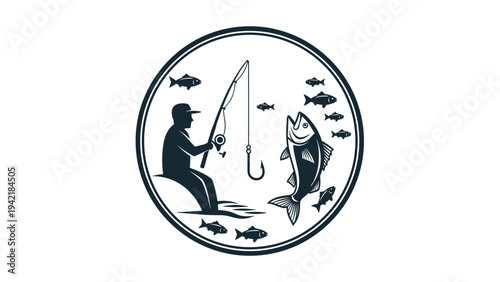 Circular logo design of a fisherman sitting on a rock with a rod catching a large jumping fish in the sea environment.