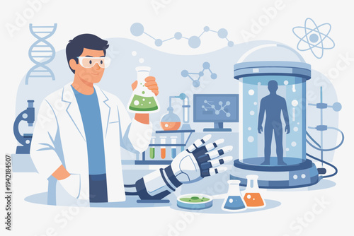 Scientist in a laboratory holding a flask with a robotic hand and a human silhouette in a capsule for genetic engineering and biotechnology research experiments in a high-tech lab setting.