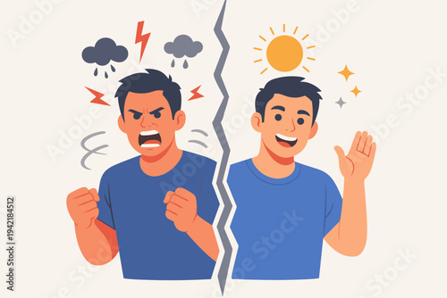 Vector Illustration of a Man with Bipolar Disorder Experiencing Extreme Mood Swings, Expressing Intense Anger and Joyful Happiness, Concept of Mental Health Awareness and Emotional Duality.