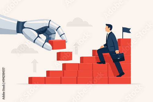 Robot Hand Building Staircase for Businessman Career Growth and Success Illustration. Artificial Intelligence Assisting Professional Development, Business Automation, and Future Technology Concept