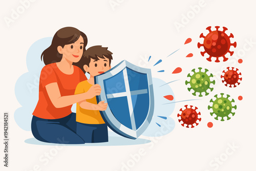 Mother and child holding a protective shield to block flying virus cells and bacteria, symbolizing family health, immune system defense, medical protection, and safety from viral infections.