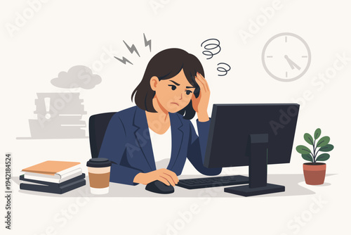 Stressed Businesswoman Sitting at Office Desk Working on Computer Feeling Overwhelmed with Work Pressure, Headache, and Deadlines, Flat Vector Illustration of Professional Burnout and Fatigue.