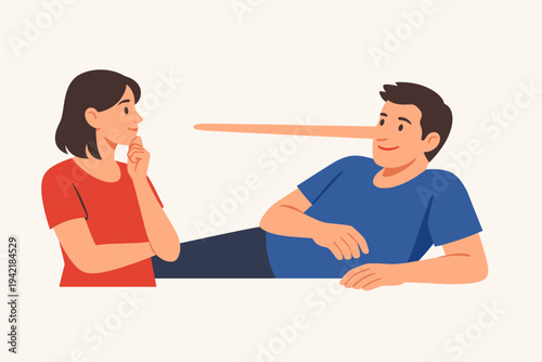 Flat Vector Illustration of a Woman Looking at a Man with a Long Nose Symbolizing Dishonesty and Lying in a Relationship, Concept of Deception, Trust Issues, and Pinocchio Effect in Communication
