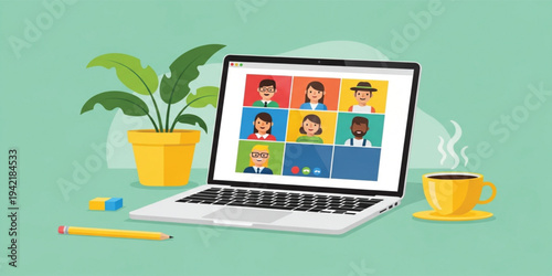 Laptop Video Conference Meeting with Team Members on Screen, Remote Work Communication and Online Collaboration Concept for Digital Workplace Illustration