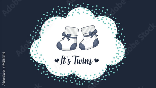 Sweet announcement card for newborn twins featuring blue baby socks in a decorative white cloud on a dark background.