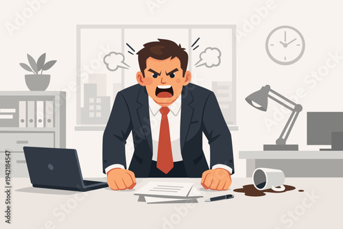 Furious Businessman Shouting at Desk in Office, Flat Vector Illustration of Stressed Manager Screaming with Steam from Ears, Workplace Conflict, Professional Burnout, Anger and Frustration
