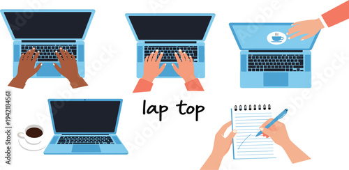 Laptop Workspace Vector Set with Typing Hands, Coffee Cup, Notebook Writing and Top View Computer Illustrations for Office and Remote Work Design
