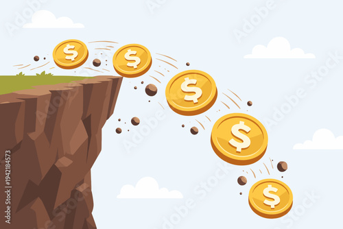 Flat vector illustration of golden dollar coins falling off a steep rocky cliff edge, symbolizing financial crisis, economic crash, bankruptcy, market downturn, investment risk, and money loss.