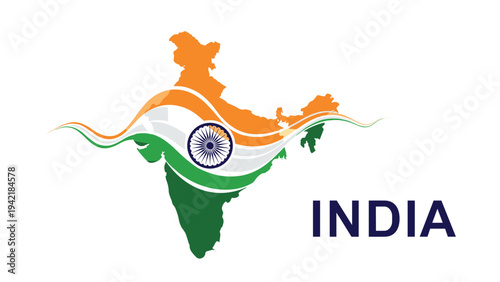 Patriotic illustration of the map of India decorated with the colors of the national flag and a tricolor wave effect.