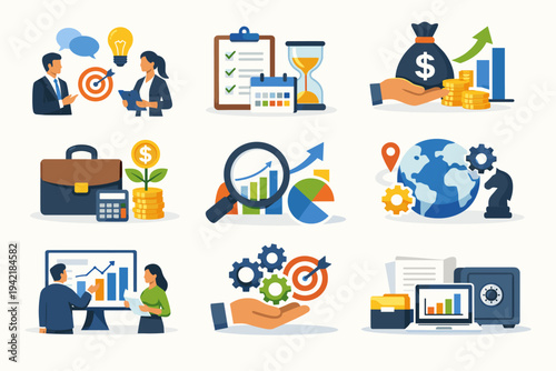 Comprehensive Business and Finance Management Vector Illustration Set with Professional People, Financial Growth Charts, Strategic Planning, Time Management, Investment Analysis, and Global Marketing.