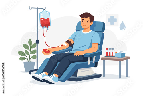 Young Man Volunteer Sitting in Medical Chair Donating Blood in Hospital Clinic, Flat Vector Illustration of Blood Donation Process with Blood Bag, Test Tubes, and Medical Equipment for Healthcare