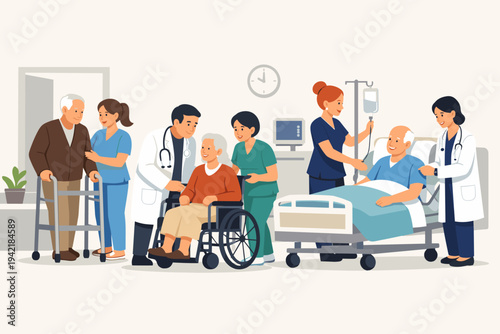 Flat vector illustration of elderly senior patients receiving medical care in a hospital ward with professional doctors and nurses assisting with wheelchair, walker, and hospital bed treatment.