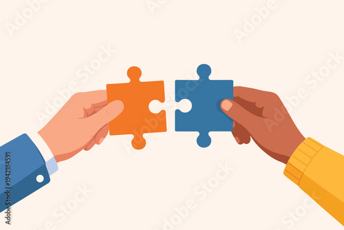 Two Hands of Different Skin Tones Putting Together Orange and Blue Jigsaw Puzzle Pieces, Concept of Business Teamwork, Partnership, Cooperation, Diversity, and Creative Problem Solving Solution