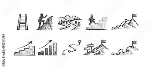 Business, strategy sketch icon set. Growth, success outline icons sketch style collection