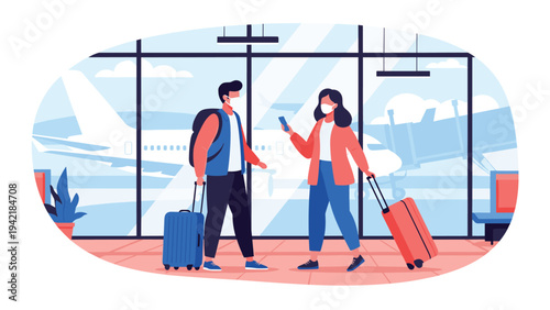 Travelers wearing protective face masks with luggage in a modern airport terminal with an airplane in the background landscape.