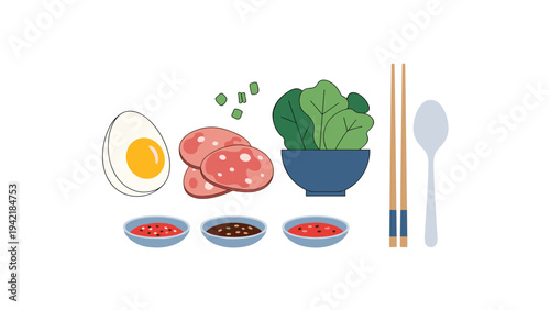 Healthy breakfast meal components including a hard-boiled egg, salad, sliced meat, and various dipping sauces for nutrition.