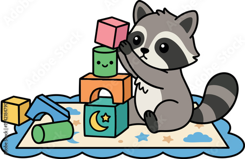 Cute raccoon stacking colorful building blocks on patterned mat playful childlike illustration with simple shapes and bright colors