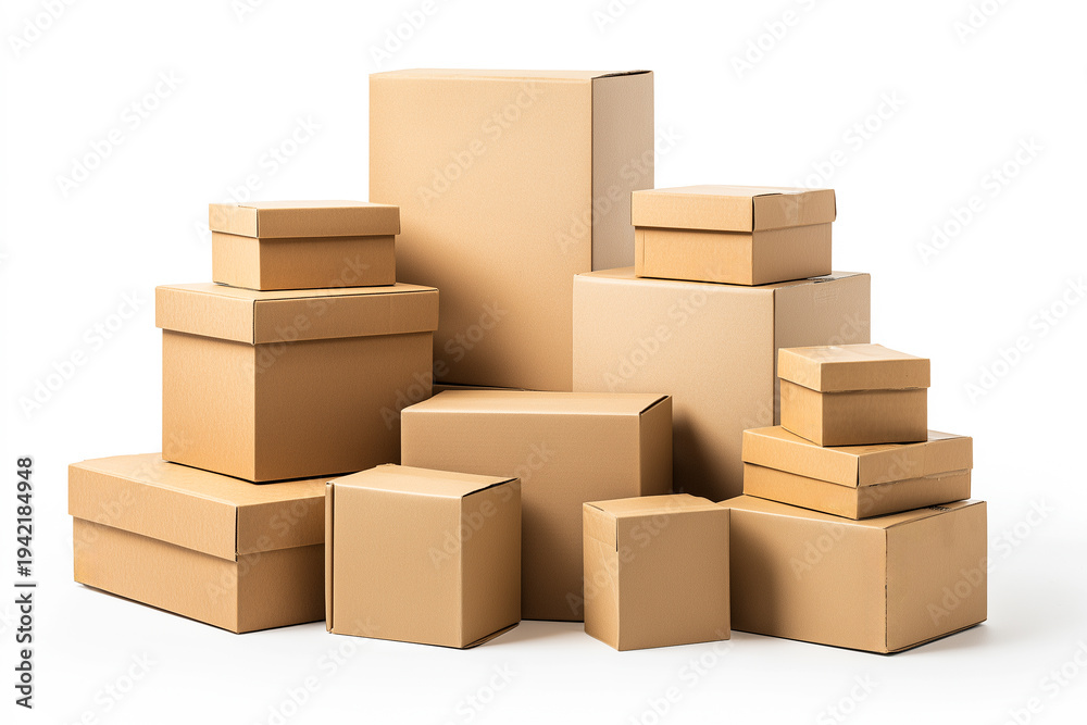 Fototapeta premium Large stack of various brown cardboard boxes isolated on a white background. Different sizes of closed paper parcels and packages for shipping, delivery, moving and storage