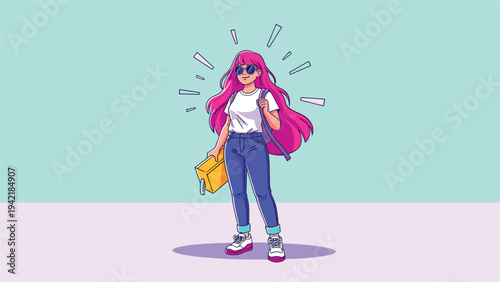 Modern young woman with bright pink hair wearing a backpack and holding a yellow folder on a simple minimalist background.