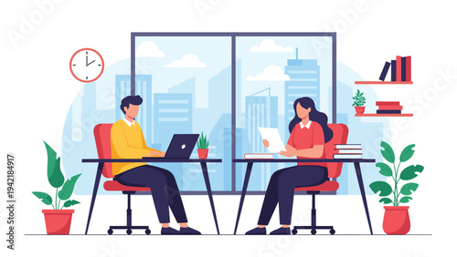 Professional office environment with a man and woman working at their desks with a city skyline view in the window during day.