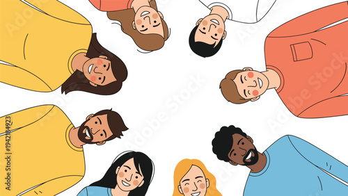 Diverse group of smiling people looking down at the camera in a circle representing teamwork and community partnership bond.