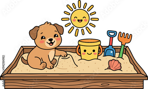 Cute smiling brown puppy playing in sandbox with yellow bucket blue shovel orange rake and happy sun cartoon vector art