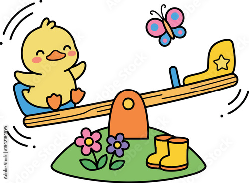 Cute yellow duckling happily playing on wooden seesaw with colorful butterfly and flowers in playful cartoon style