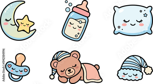 Cute sleepy cartoon moon with star baby bottle pacifier teddy bear pillow and cloud wearing nightcap vector art