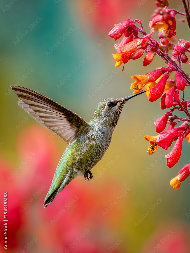 Fototapeta premium Small Anna hummingbird hovering near bright red flowers to drink nectar. Beautiful nature photography of a tiny bird in flight with vibrant floral background. Wildlife in the garden