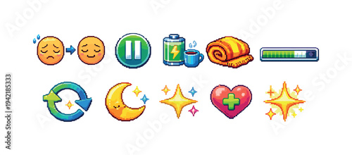 Cozy pixel art icon set for rest, energy, and relaxation in vibrant 3d style