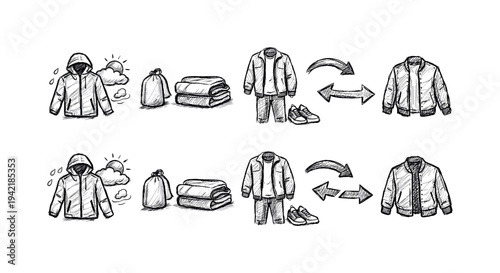Clothing, weather outline icon set. Interchangeable apparel and conditions symbols