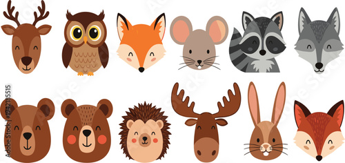Cute Woodland Animal Face Collection Featuring Deer Owl Fox Bear Hedgehog Moose Rabbit and Raccoon Vector Illustration Set