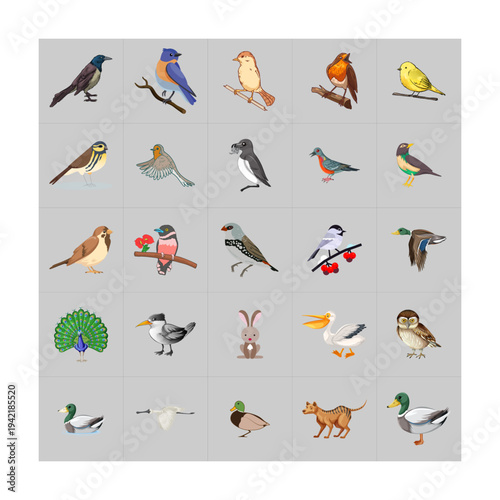 Bird and Animal Illustration Grid 25 Stylized Designs Featuring Diverse Avian Species with Rabbit and Cat Additions