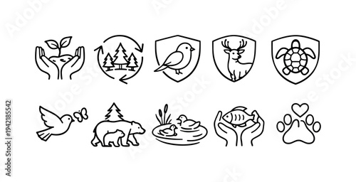 Nature conservation linear icon set. Wildlife preservation, eco-friendly symbols collection