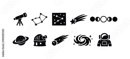 Astronomy silhouette icon set. Space, stars, planets, astronaut silhouette collection.