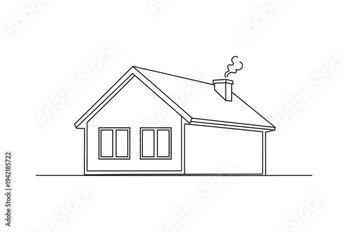 Simple line drawing of a cozy house with a chimney and smoke, roof and windows